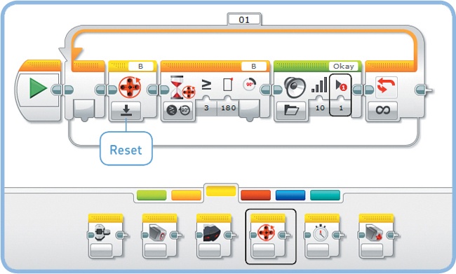 The HandRotateReset program sets the sensor value to 0 at the beginning of each loop with the Rotation Sensor block in Reset mode. Note that the Play Type setting in the Sound block is Play Once (1) so that the program doesn’t wait for the sound to finish.