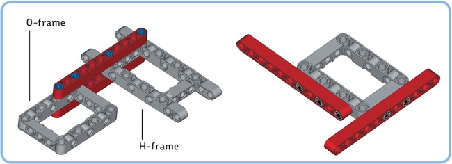 Frames can be used to create large and sturdy constructions with many connection points for other elements (left) and to connect beams at a right angle (right).