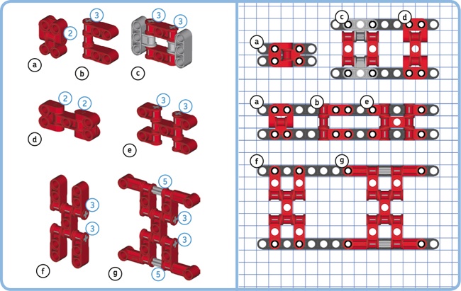 Connecting parallel beams with their flat sides facing each other. The circled numbers denote the length of the axles used in the constructions.