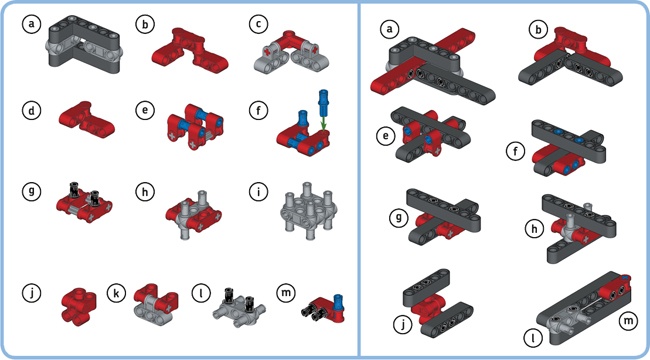 Using connector blocks to connect beams at a right angle. Each of the grey axles are 3M in size.