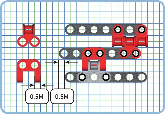 Some combinations of connector blocks result in a 0.5M offset from the unit grid. The beam in the middle has a 0.5M offset relative to the other two beams.