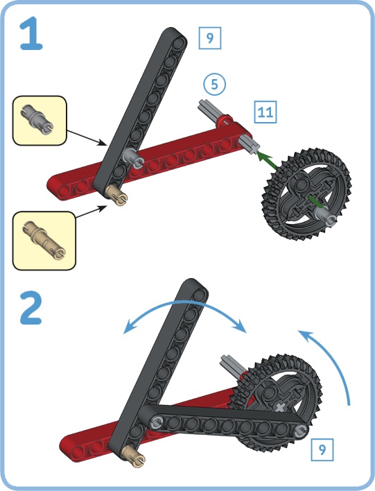 This dynamic structure uses nonfriction pins so that it’s easy to turn the gear that makes the beam move back and forth. For comparison, replace the pins with friction pins, and you will find that it’s much harder to turn the gear.