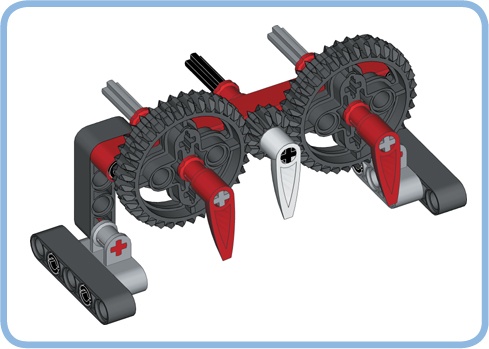 Gear train with a 36T gear (left), a 12T gear (middle), and another 36T gear (right)