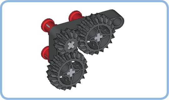 Creating a gear train along the corner of a beam. Both 20T gears turn in the same direction and at the same speed. The 12T idler gear has no effect on the gear ratio.