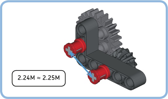 While you cannot easily accomplish a 2.25M distance between two gears, this configuration achieves a distance of 2.24M, which is close enough. This combination of gears is useful because the gear ratio is exactly 2, allowing you to double the torque and reduce the speed by a factor of 2 (or vice versa).