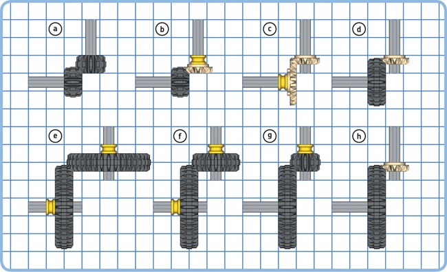 You can use any combination of two bevel and double-bevel gears to transfer motion between perpendicular axles. In some cases, you’ll need yellow bushes to create a 0.5M offset.