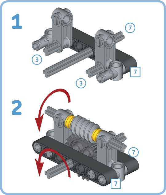 You can drive a 24T gear using a worm gear to reduce the output speed by a factor of 24. The specialized grey connector blocks place the worm gear at just the right distance while allowing the 24T gear to turn. You can use this geometry as a starting point for your own constructions with a worm gear.