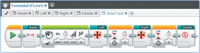 Use the SteerTest program to test your My Blocks. Run the program a few times, trying a different starting position for the front wheels each time.