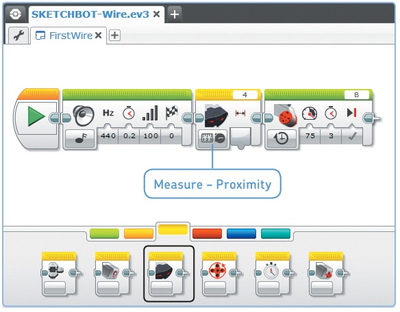 Step 1: Place all the necessary blocks on the canvas, and configure them as shown. You’ll find the Infrared Sensor block on the yellow tab of the Programming Palette. Be sure to select Measure – Proximity mode.