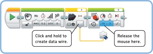 Step 2: Create and connect the yellow data wire as shown. Then run the finished program.