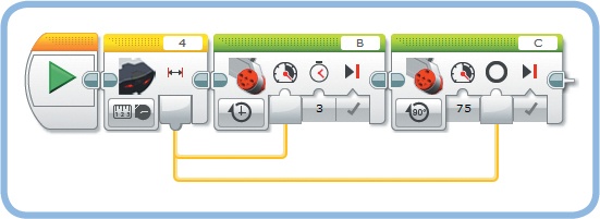 Two data wires with the same starting point in the MultiWire program. The sensor performs one proximity measurement and passes the sensor value to both Motor blocks.