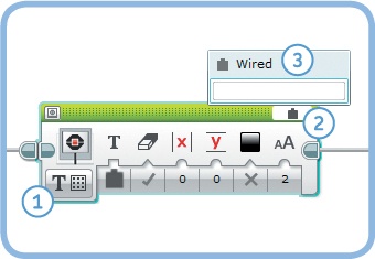 Pick a Display block from the palette, choose Text – Grid mode (1), click the Text field (2), and choose Wired (3) to reveal the Text input plug.