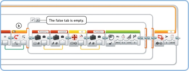 Step 4: Now that you know that the new value in Reading is less than Lowest, you store Reading in Lowest, and you store the current Rotation Sensor value in Position. You add the Sound block so that you hear a beep each time the robot updates Lowest and Position with new values. Nothing should happen if the new Reading is not less than Lowest, so the false tab should remain empty.