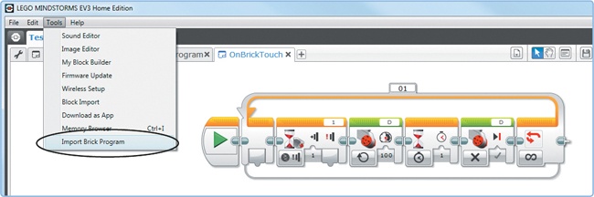 Importing an On Brick program into the EV3 software