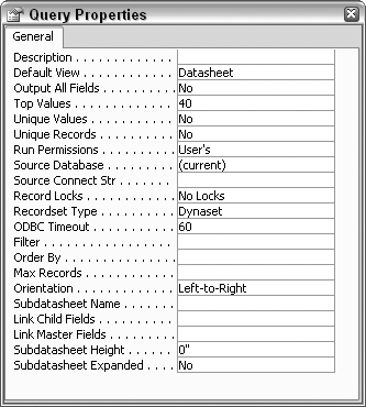 The Query Properties sheet