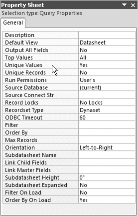 Setting the Unique Values and Unique Records properties