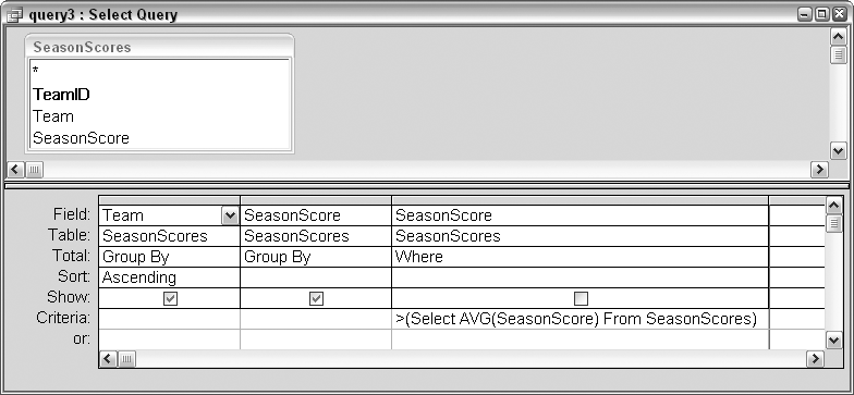 A subquery design in the query grid