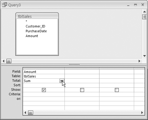 Selecting the Sum aggregate function