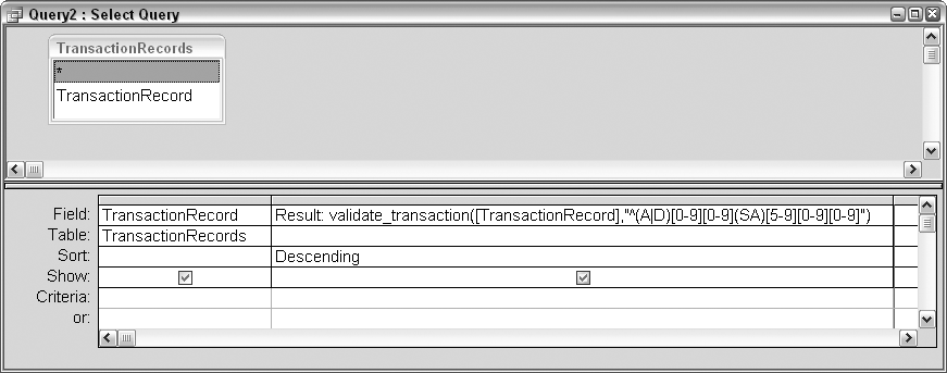 A regular expression pattern coded into a query