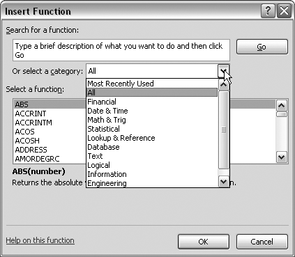 Excel's Insert Function dialog box