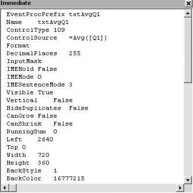 Properties for a text box control on a report