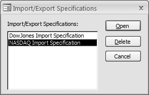 Selecting an import/export specification