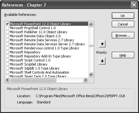 Adding the PowerPoint Object Library to your application