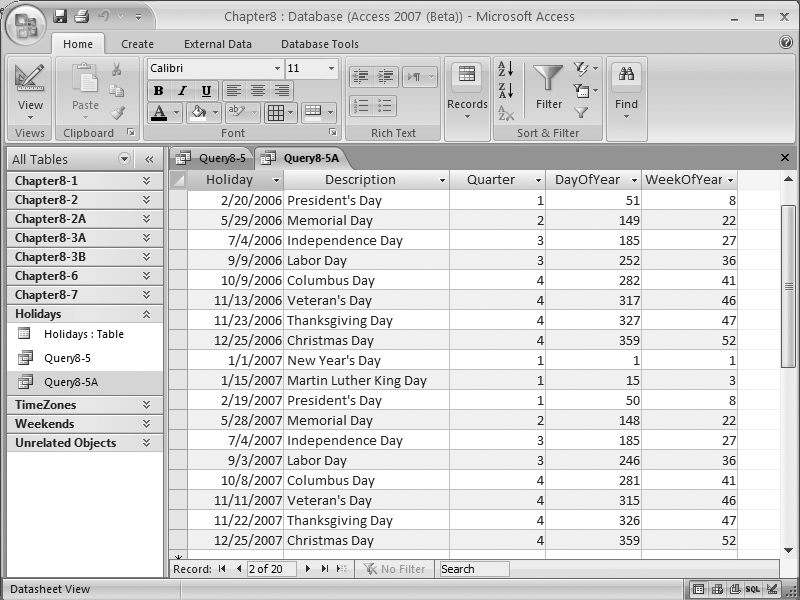 Extracting the quarter, day of year, and week of year values from a date/time value