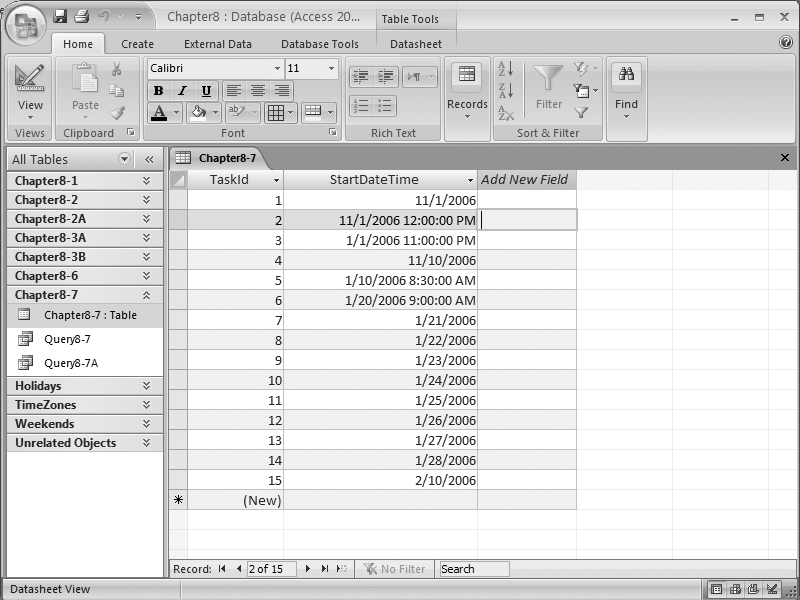 A list of date/time values