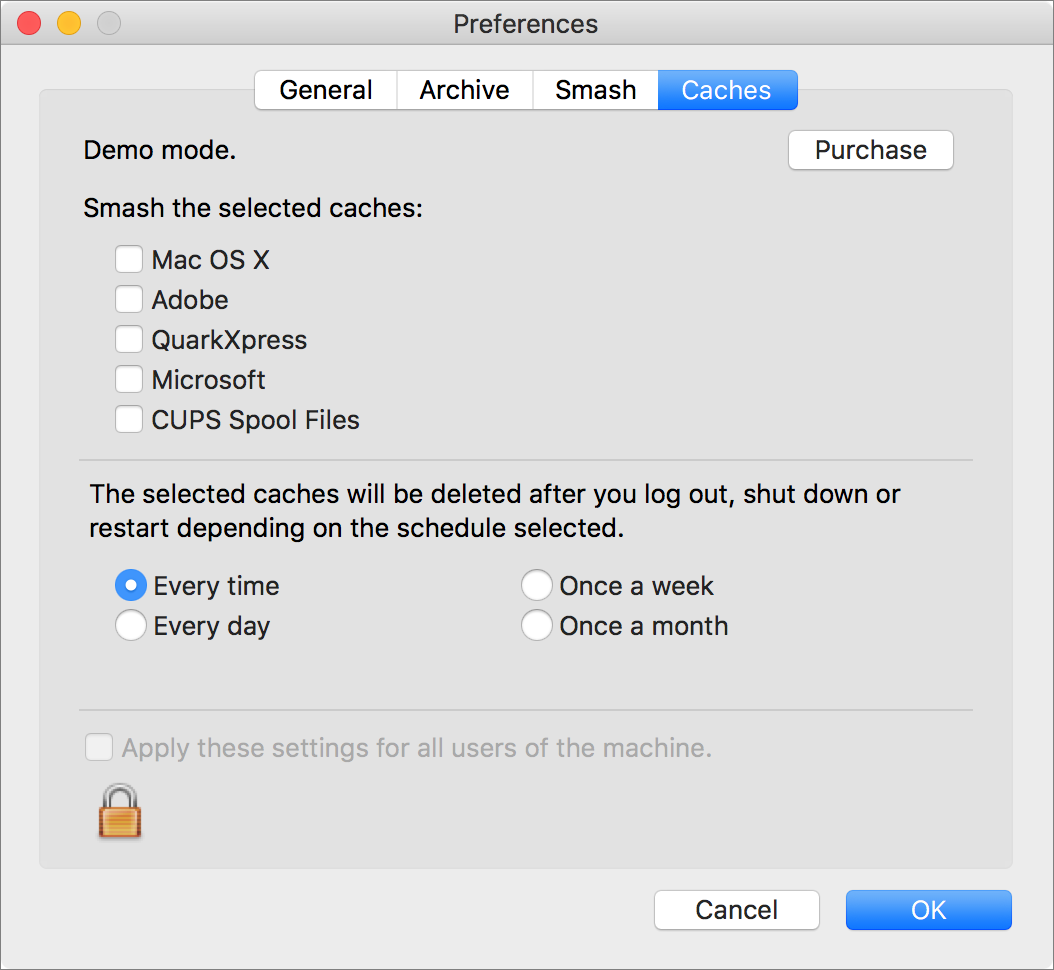 Figure 13: In Smasher’s Caches preferences, you can select which font caches to delete and at what times.