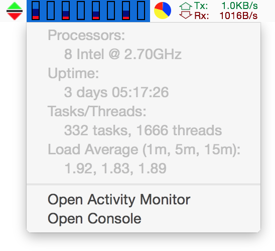 Figure 15: MenuMeters can display RAM, CPU usage, and numerous other bits of information, in highly configurable menus.