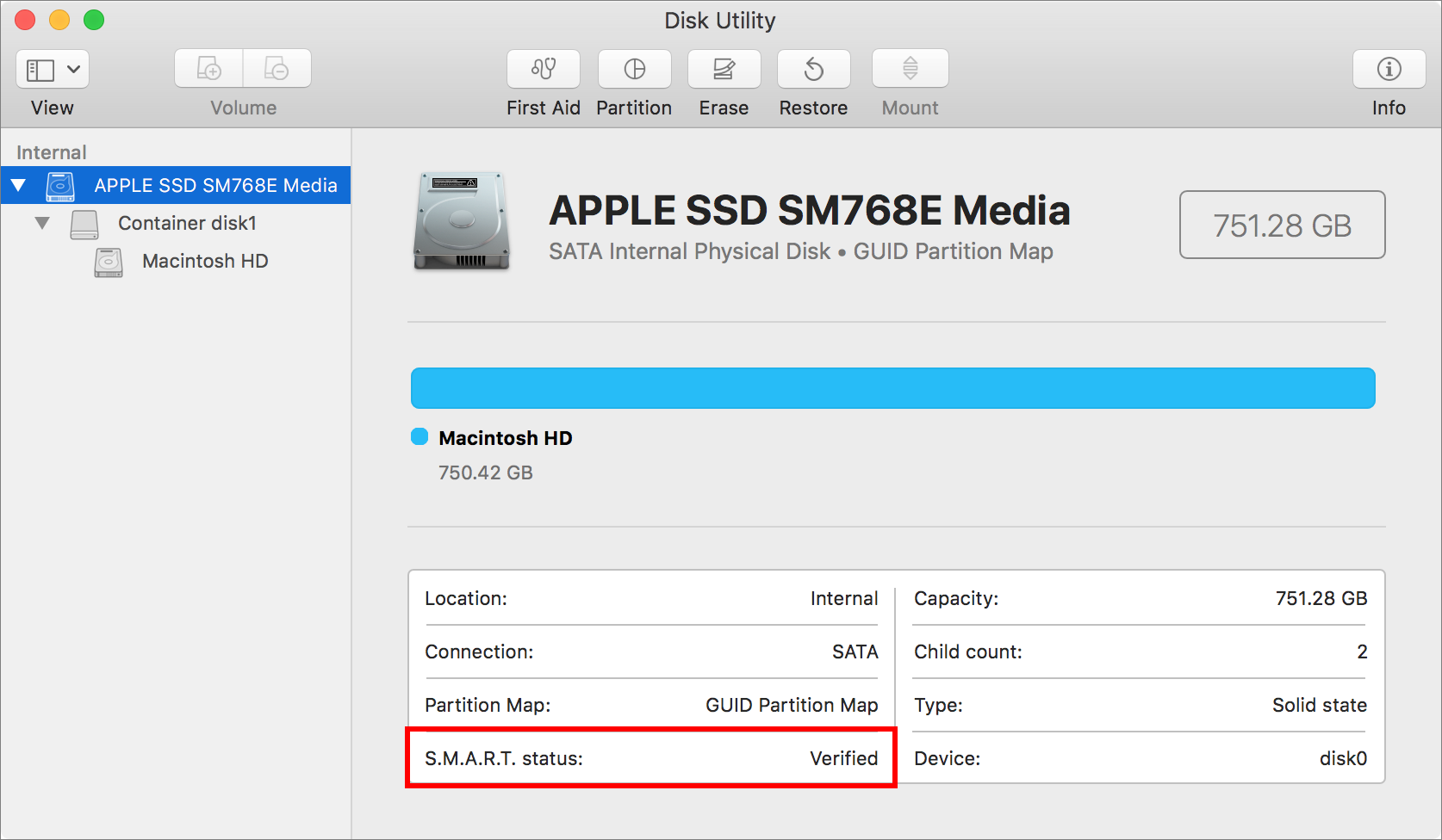 Figure 16: Disk Utility shows a drive’s S.M.A.R.T. status.