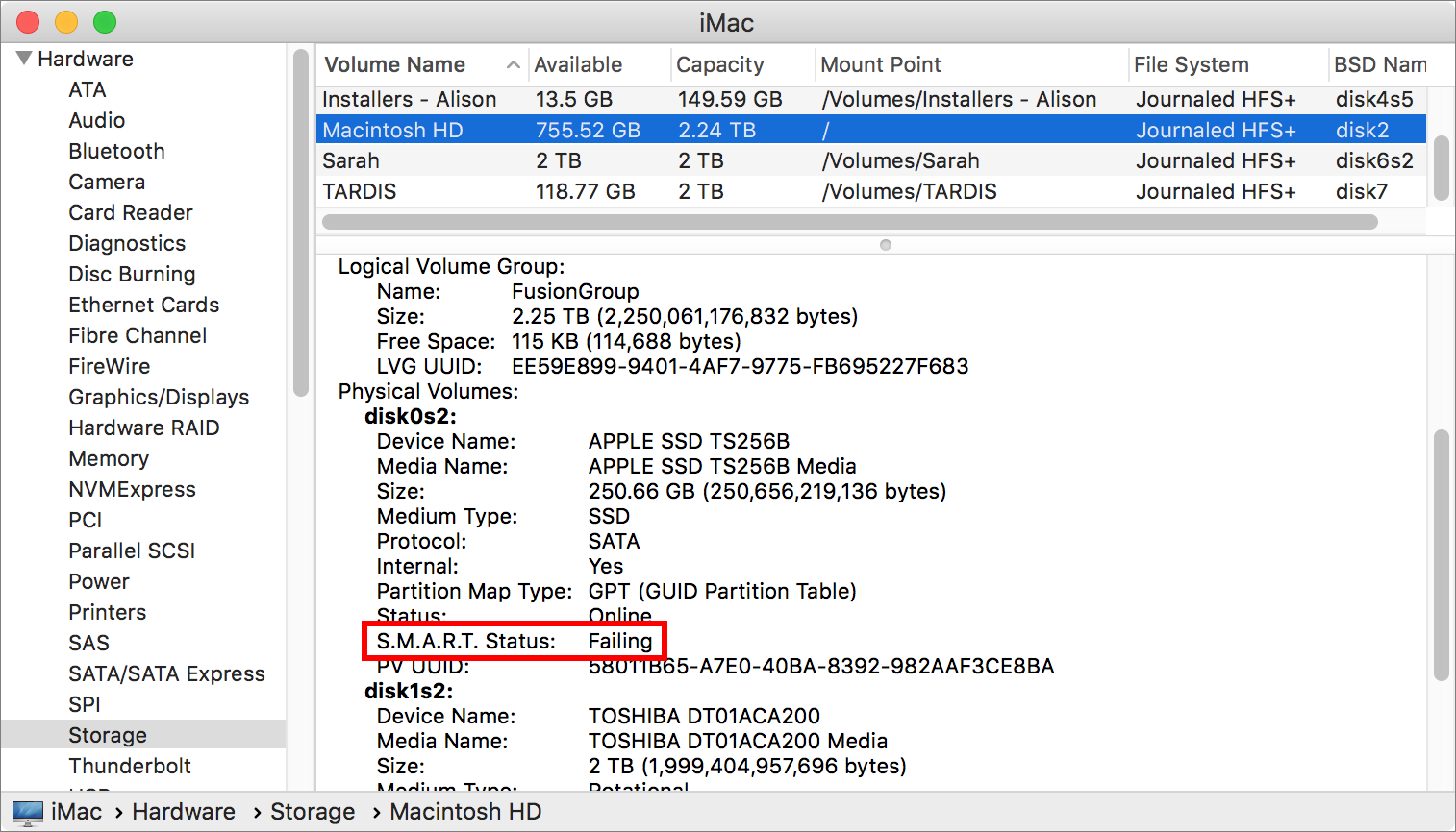 Figure 17: Select the Storage category in System Information and look for S.M.A.R.T. Status on the right. Uh oh! This drive is failing!