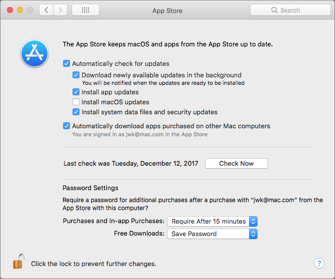 Figure 3: Configure automatic software updates in High Sierra and earlier on the App Store preference pane.