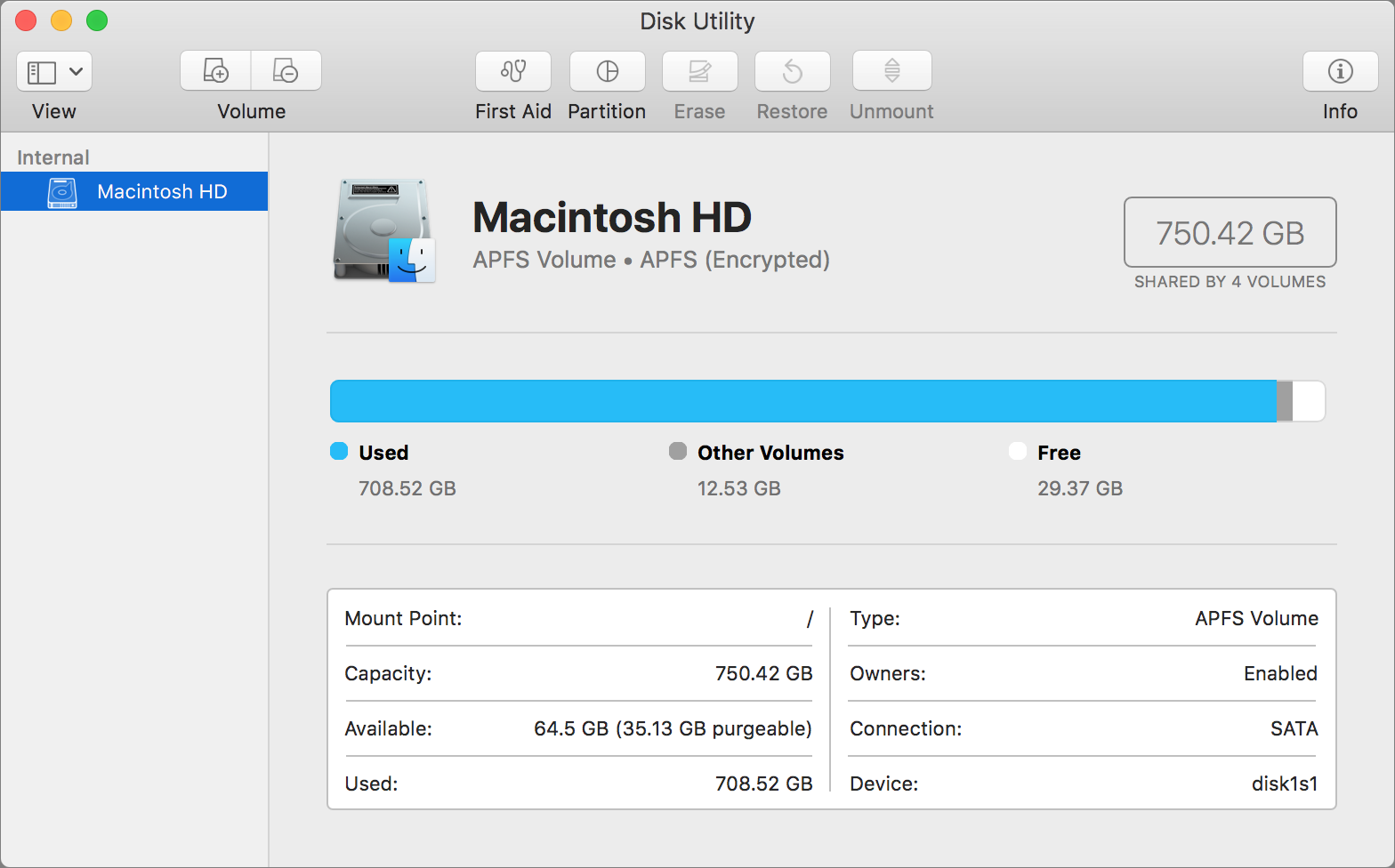 Figure 6: Select your startup volume (which may, as in this case, be the only available volume) in Disk Utility. This image shows Disk Utility in High Sierra; earlier versions look a bit different.