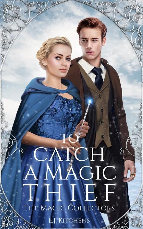 Cover to To Catch a Magic Thief: a woman in a blue dress holding a wand and a brown in a brown suit.