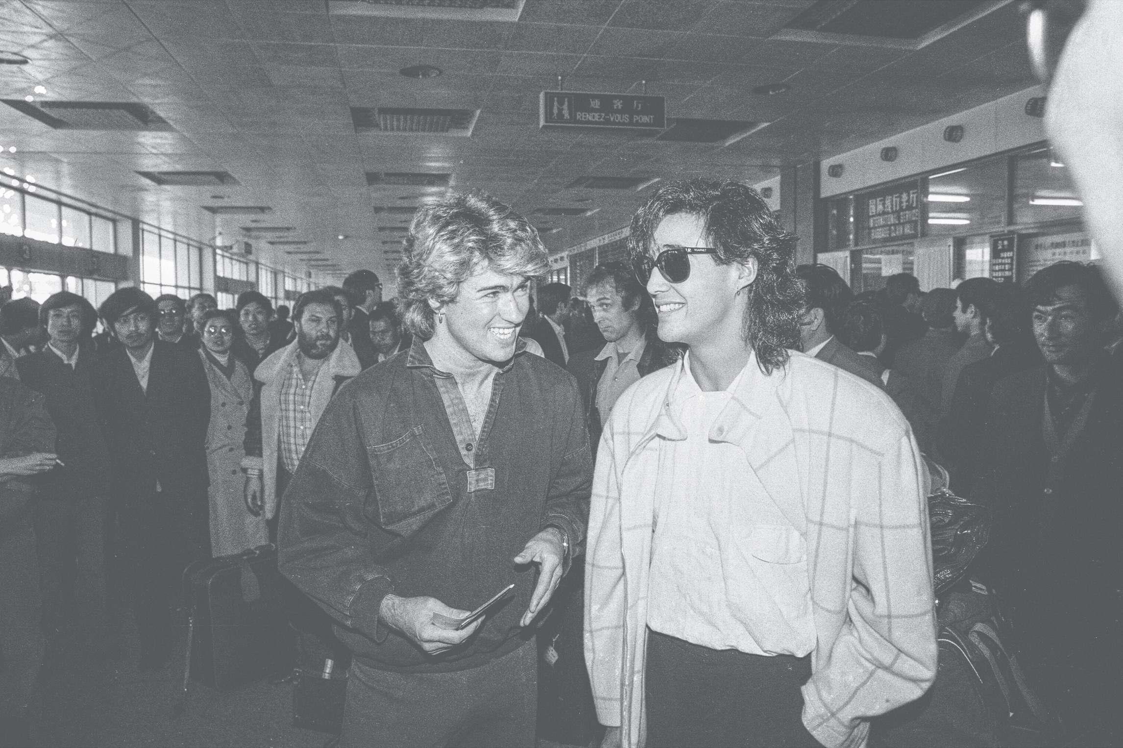 George Michael and Andrew Ridgeley of British pop group Wham! pictured on their 10-day visit to China, April 1985.