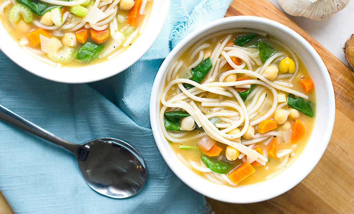 30-Minute Vegan Chickpea Noodle Soup with Spinach Recipe