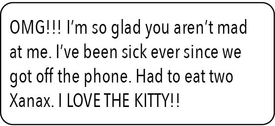 OMG!!! I’m so glad you aren’t mad at me. I’ve been sick ever since we got off the phone. Had to eat two Xanax. I LOVE THE KITTY!!