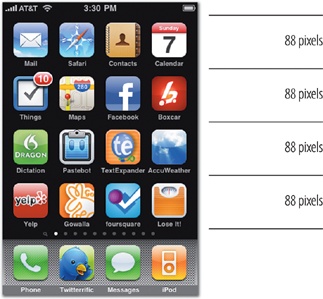 The iPhone Home screen builds on the 44-pixel visual rhythm by organizing icons into 88-pixel rows.