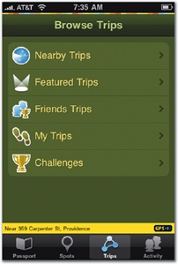 Gowalla uses tab-bar navigation for moving among its primary features but offers list-based tree navigation from three of those main screens as subnavigation. Here, the top-level Spots and Trips screens let you browse local places and scavenger hunts. Tap a category to drill down into the app's collection of content.