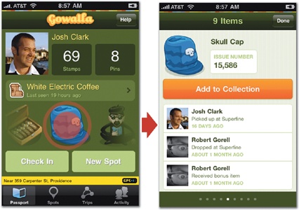 Both Gowalla and Safari put flat pages to work for secondary navigation inside the app. In Gowalla (top), tapping an item on the Passport screen conjures a slideshow-style view for flipping through your icon collection. In Safari (bottom), tapping the toolbar's window button lets you flip through the various pages you have open.