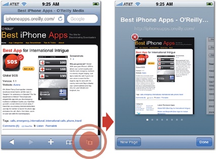 Both Gowalla and Safari put flat pages to work for secondary navigation inside the app. In Gowalla (top), tapping an item on the Passport screen conjures a slideshow-style view for flipping through your icon collection. In Safari (bottom), tapping the toolbar's window button lets you flip through the various pages you have open.