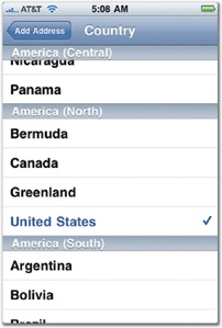 The Contacts app uses indexed lists to select a country when adding a new contact address (left). When you scroll the list, the continent headings stay glued to the top until all of their subitems have rolled off the screen. When browsing contacts (right), the app adds an index to the right edge, and you can tap a letter to jump to that section of your Rolodex (or tap the magnifying glass at the top of the index, circled here, to jump to the search bar at the top of the list).