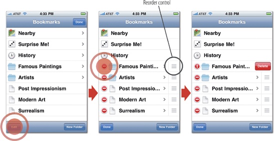 The Articles app for browsing Wikipedia uses standard editing controls in the table view for its Bookmarks screen. Tapping the Edit button (left) reveals the deletion and reordering controls (middle). Here, users may edit only some of the items in the list, while "Nearby," "Surprise Me!" and "History" are permanent fixtures with no edit controls. To delete an item, tap the red deletion control at left to reveal the cell's Delete button (right). To move an item instead, tap and drag the reorder control, the gripped handle located at the cell's right edge.