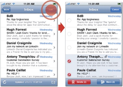 In the Mail app, tapping the Edit button (left) reveals custom checkboxes (right) for selecting multiple messages to delete or move.