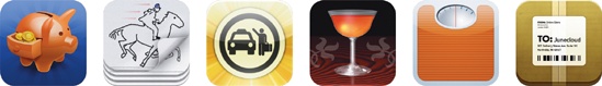 Some icons focus on function. From left: Cha-Ching, an expense tracker; Kineo, a flipbook app; cab4me, a taxi locator; Cocktails+, a cocktail recipe app; Lose It!, a calorie tracker; and Delivery Status Touch, a package tracker.