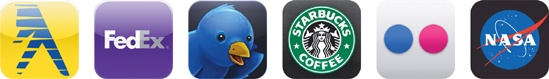 Logo-inspired icons from left: Yellow Pages, FedEx, Twitterrific, myStarbucks, Flickr, and NASA.