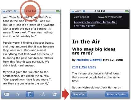 In Instapaper, as in most apps, tapping the status bar (left) takes you to the top of the screen (right). For five seconds afterward, Instapaper replaces its screen-bottom toolbar to offer an option to return to the previous position in the article.