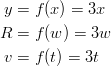 y &= f(x) = 3x\ R &= f(w) = 3w\ v &= f(t)= 3t